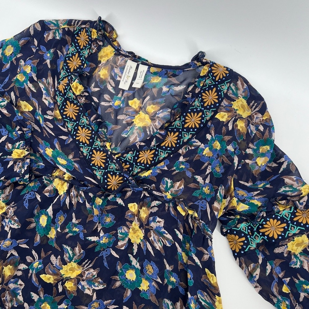 Anthropologie Meadow Rue Embroidered Sheer Blouse Petite XS Boho Floral